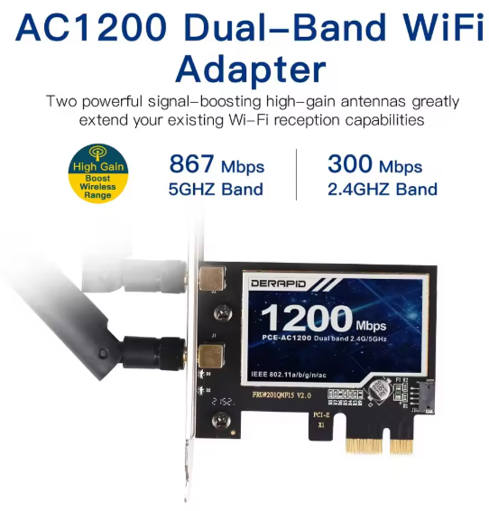 Беспроводная WiFi+BT-карта Derapid AC1200 Мбіт/с PCIE-адаптер дводіапазонний 2,4/5 ГГц 802.11 - изображение 3