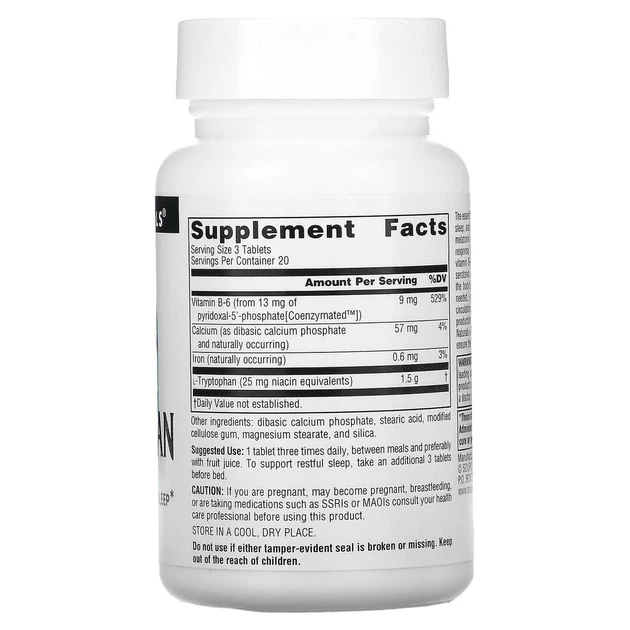 Триптофан коферментный Source Naturals L-Tryptophan with Coenzyme B-6 500 мг 60 таблеток в упаковке (ARE-574084) - изображение 2