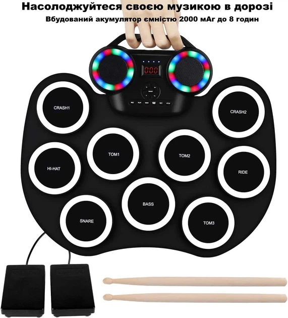 Электронные барабаны Black Rhythm с интегрированным Bluetooth аккумулятором, колонками и цветной подсветкой - Фото 4 Электронные барабаны Black Rhythm с интегрированным Bluetooth аккумулятором, колонками и цветной подсветкой - изображение 4