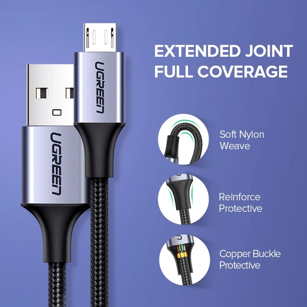 Кабель Micro USB Ugreen US290 60144 5V/3A для заряджання і передачі даних (Сірий, 0.25м) - изображение 4
