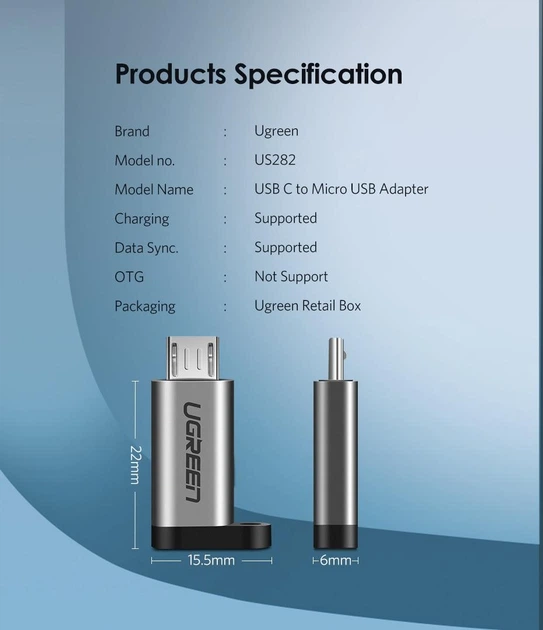 Перехідник-адаптер USB Type-C до microUSB Ugreen US282 (Сірий) - изображение 8