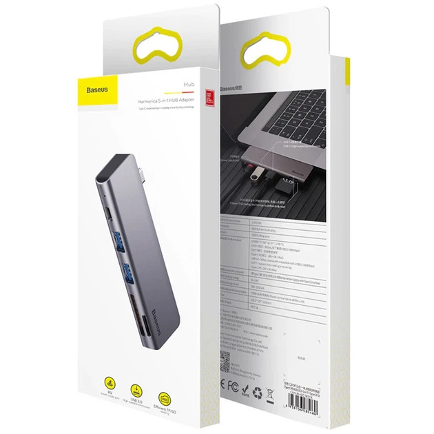 Багатопортовий хаб Baseus Harmonica 5-in-1 HUB Adapter CAHUB-K0G (Сірий, Тип-C to USB 3.0 x 2/SD/TF/Type-C) - Фото 10 Багатопортовий хаб Baseus Harmonica 5-in-1 HUB Adapter CAHUB-K0G (Сірий, Тип-C to USB 3.0 x 2/SD/TF/Type-C) - зображення 10