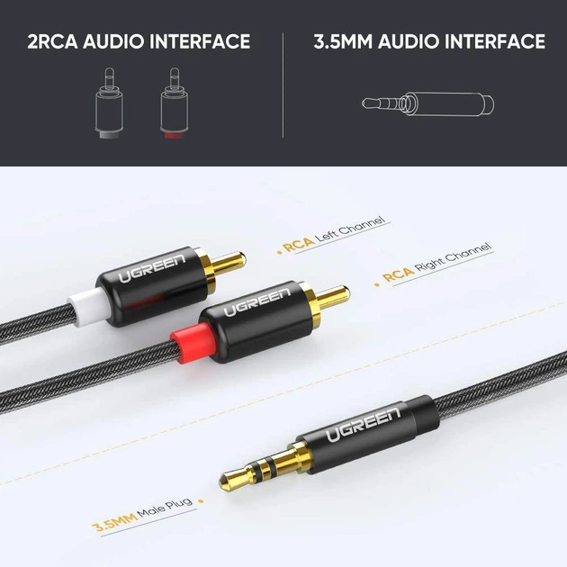 Аудіо кабель 2 RCA Jack 3.5 AUX Hi-Fi Ugreen AV116 (Чорний з сріблястим, 1м) - Фото 8 Аудіо кабель 2 RCA Jack 3.5 AUX Hi-Fi Ugreen AV116 (Чорний з сріблястим, 1м) - зображення 8