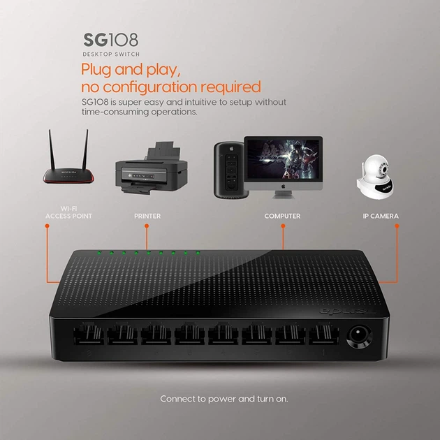 Комутатор (світч) Tenda SG108 (Чорний, 8 LAN портів 10/100/1000 Мбіт/с) - изображение 6