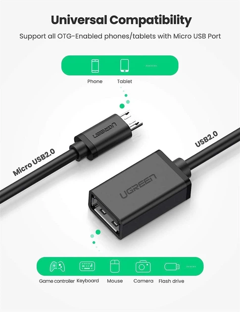 Micro USB OTG кабель-адаптер Ugreen US133 10396 (Чорний, 12см) - Фото 6 Micro USB OTG кабель-адаптер Ugreen US133 10396 (Чорний, 12см) - зображення 6