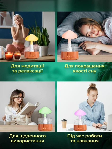 Зволожувач повітря гриб нічник дитячий аромодифузор з ефектом дощу на 300мл від USB - зображення 6