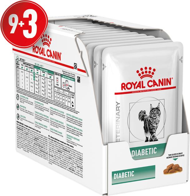Упаковка диетического корма для кошек при сахарном диабете Royal Canin Veterinary DIABETIC (ломтики в соусе) 12 шт х 85 г (9003579011980) (9003579027813) (40850011) - Фото 1 Упаковка диетического корма для кошек при сахарном диабете Royal Canin Veterinary DIABETIC (ломтики в соусе) 12 шт х 85 г (9003579011980) (9003579027813) (40850011) - изображение 1