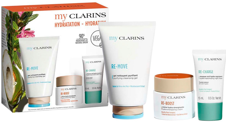 Zestaw do pielęgnacji twarzy My Clarins Żel oczyszczający Re-move 125 ml + Krem do twarzy Re-boost 50 ml + Maska na noc Re-charge 15 ml (ZES3666057327285) - obraz 1