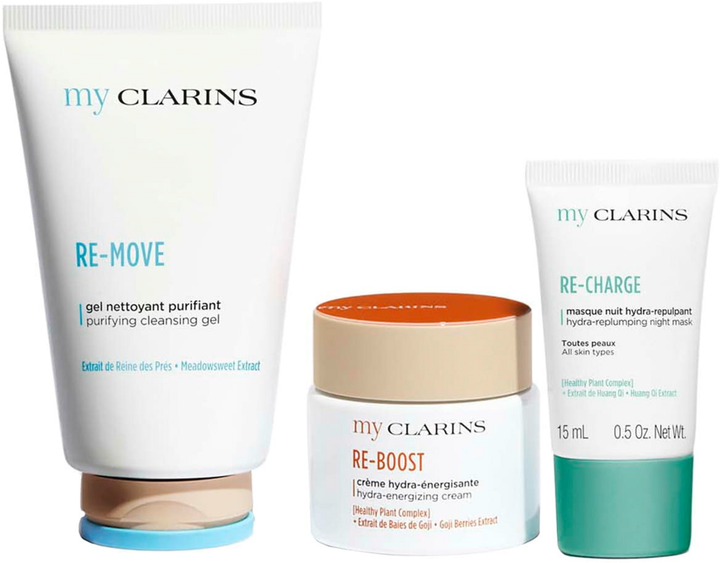 Zestaw do pielęgnacji twarzy My Clarins Żel oczyszczający Re-move 125 ml + Krem do twarzy Re-boost 50 ml + Maska na noc Re-charge 15 ml (ZES3666057327285) - obraz 2