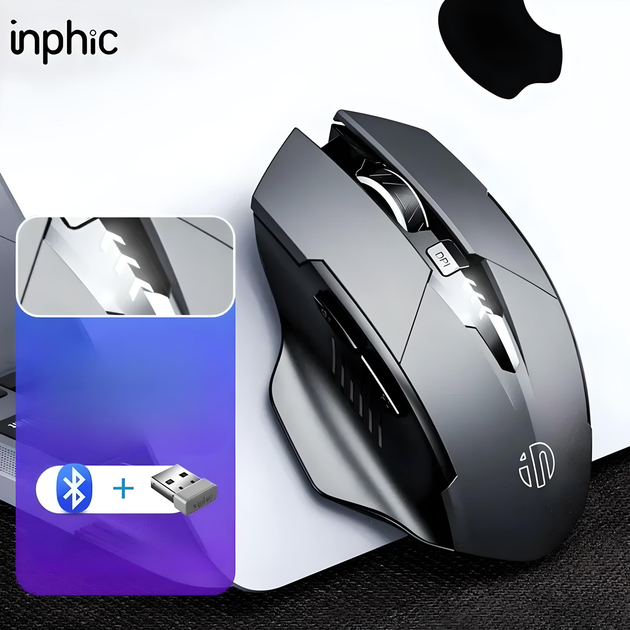 Мышь беспроводная INPHIC A1 с подключением USB 2.4Gz + Bluetooth, с аккумулятором и 2400 DPI, grey - Фото 4 Мышь беспроводная INPHIC A1 с подключением USB 2.4Gz + Bluetooth, с аккумулятором и 2400 DPI, grey - изображение 4