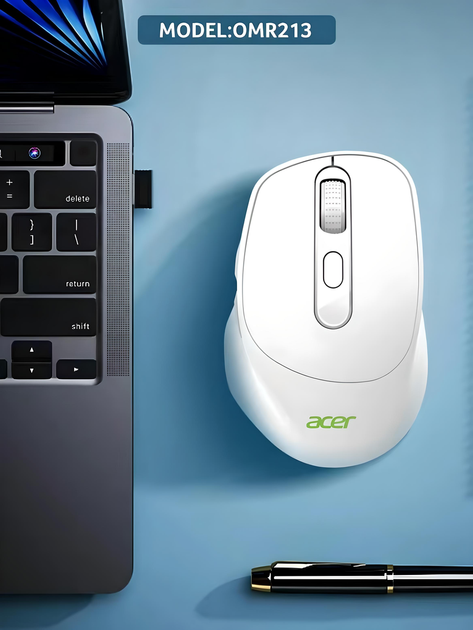 Миша ACER OMR213 з бездротовим підключенням Bluetooth і USB 2.4GHz та акумулятором, 1600DPI, білий - зображення 4