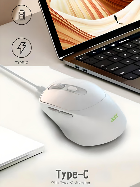 Миша ACER OMR213 з бездротовим підключенням Bluetooth і USB 2.4GHz та акумулятором, 1600DPI, білий - зображення 5