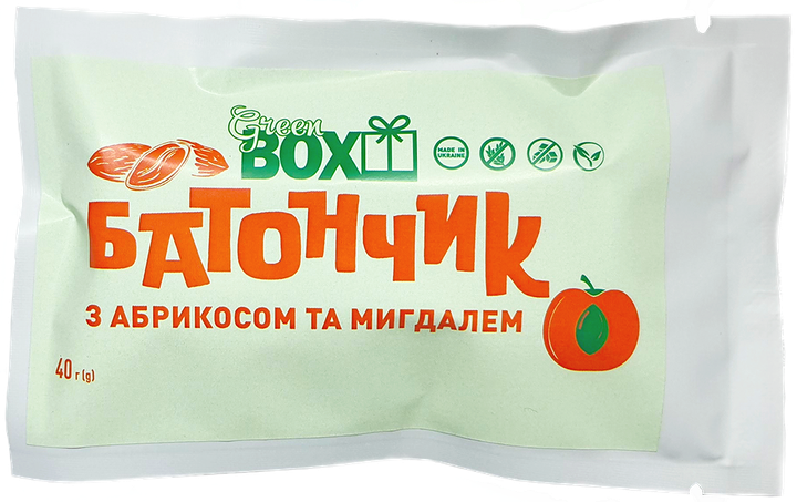 Батончик Green Box «з Абрикосом та Мигдалем» 40г - Фото 1 Батончик Green Box «з Абрикосом та Мигдалем» 40г - зображення 1