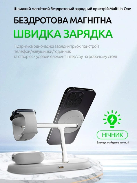 Беспроводная зарядная док станция для apple айфона часов наушников телефона 3 в 1 magsafe универсальная магнитная зарядка на айфон iphone airpods iwatch эпл вотч QINETIQ T256 23W с подсветкой белая + подарок адаптер 20W - изображение 4