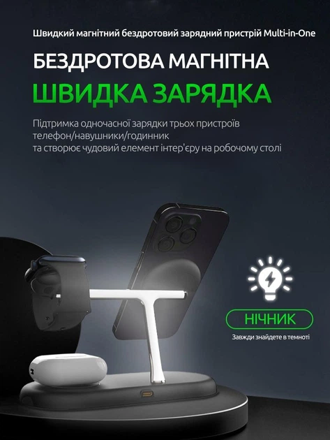 Беспроводная зарядная док станция для apple айфона часов наушников телефона 3 в 1 magsafe универсальная магнитная зарядка на айфон iphone airpods iwatch эпл вотч QINETIQ T256 23W с подсветкой черная + подарок адаптер 20W - изображение 4