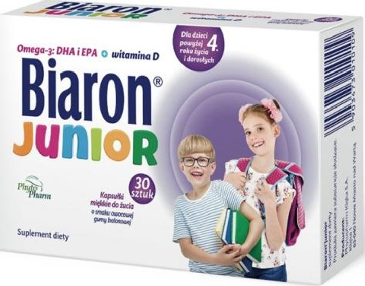 Suplement diety Phytopharm Klęka Biaron Junior Omega-3 + Witamina D 30 kapsułek do żucia (5901785305784) - obraz 1