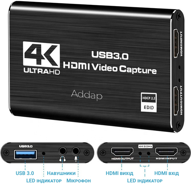 Зовнішня відеокарта відеозахоплення HDMI в USB 3.0 на 2 монітори OEM VCC04 для геймінгу, стрімінгу та прямих трансляцій - зображення 2