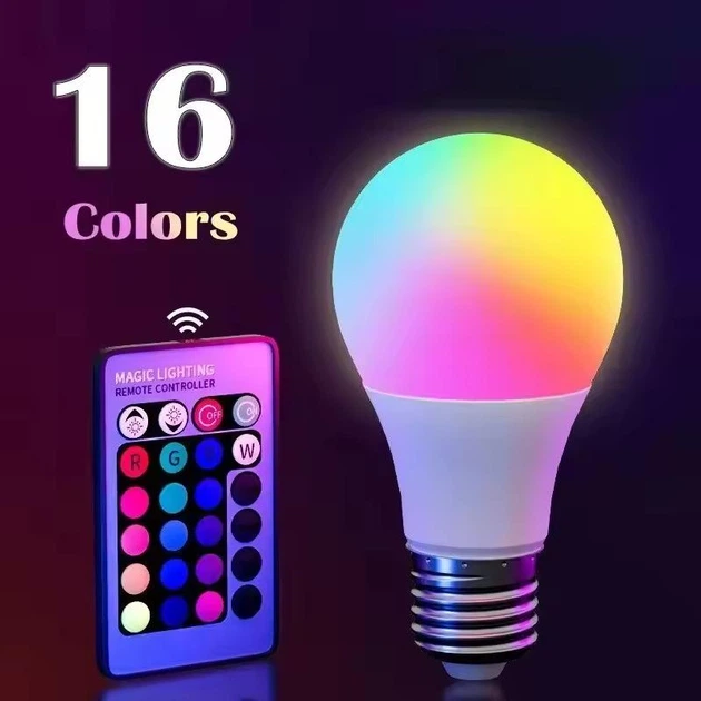 Світлодіодна лампа LED RGB з пультом, E27, 16 кольорів включаючи білий, регулювання яскравості, 8 Вт, розумна лампа - Фото 1 Світлодіодна лампа LED RGB з пультом, E27, 16 кольорів включаючи білий, регулювання яскравості, 8 Вт, розумна лампа - зображення 1