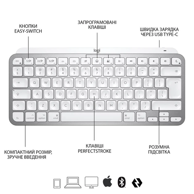 Клавиатура Logitech MX Keys Mini For Mac Wireless Illuminated Pale Gray (920-010526) - Фото 6 Клавиатура Logitech MX Keys Mini For Mac Wireless Illuminated Pale Gray (920-010526) - изображение 6