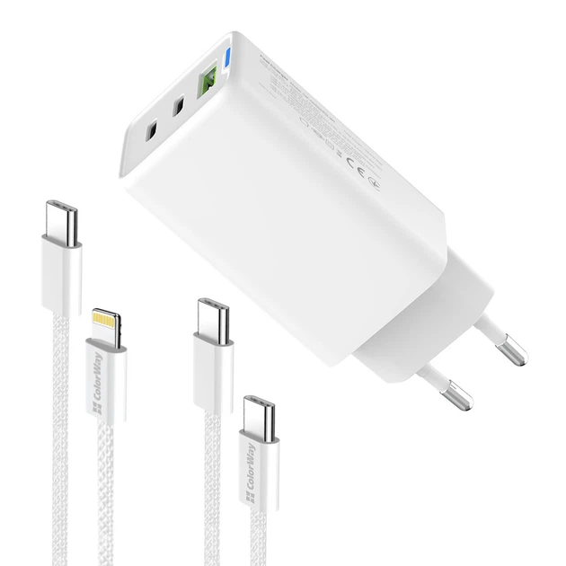 Мережевий зарядний пристрій ColorWay GaN Mini 65 W PD Port PPS USB (USB-2C1A) White (CW-CHS058PDCL-WT) + кабель Store - зображення 6