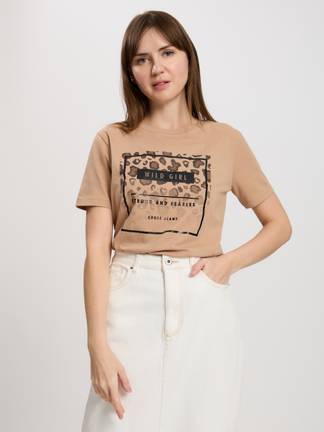 T-shirt damski bawełniany z nadrukiem Cross Jeans 56150-082 XS Brązowy (8697319730906) - obraz 1
