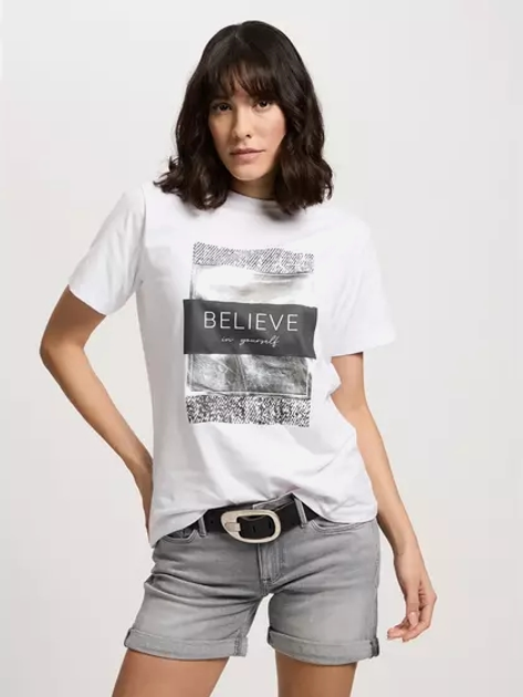 T-shirt damski bawełniany z nadrukiem Cross Jeans 56157-008 L Biały (8697319731484) - obraz 1