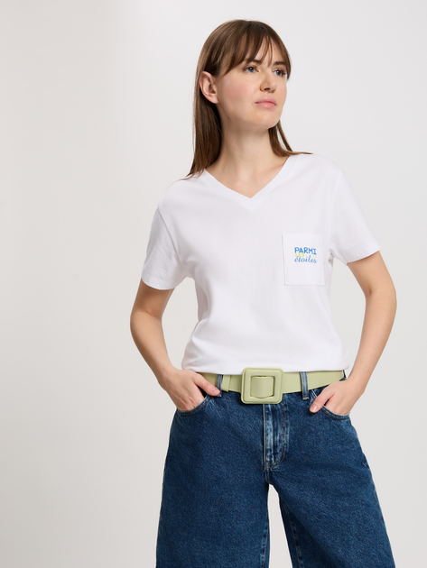 T-shirt damski bawełniany w serek Cross Jeans 56166-008 S Biały (8697319731910) - obraz 1