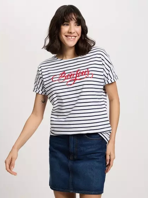 T-shirt damski bawełniany w paski Cross Jeans 56169-008 XL Biały (8697319732047) - obraz 1