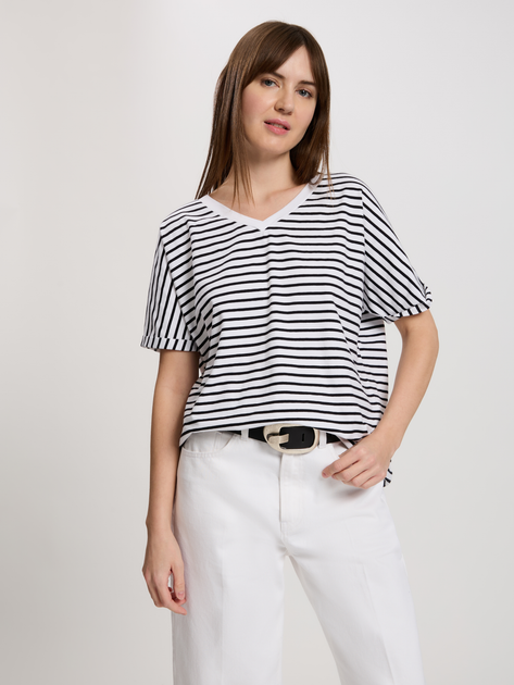 T-shirt damski bawełniany w paski w serek Cross Jeans 56190-008 M Biały (8697319732771) - obraz 1