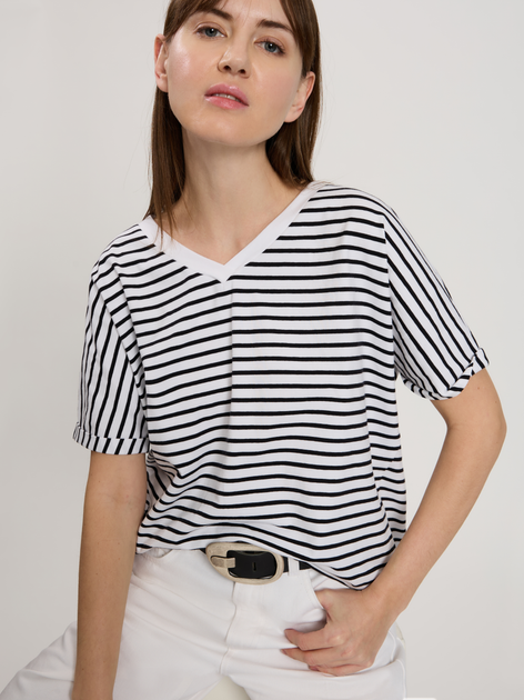 T-shirt damski bawełniany w paski w serek Cross Jeans 56190-008 S Biały (8697319732764) - obraz 5