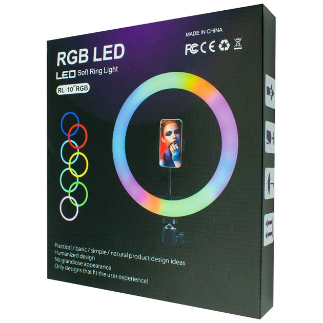 Кольцевая светодиодная LED лампа RGB-260 26см Разноцветная с держателем для контента USB управления на проводе + Штатив - изображение 2
