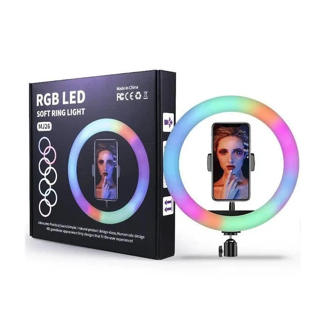 Кольцевая светодиодная LED лампа RGB-260 26см Разноцветная с держателем для контента USB управления на проводе + Штатив - изображение 5