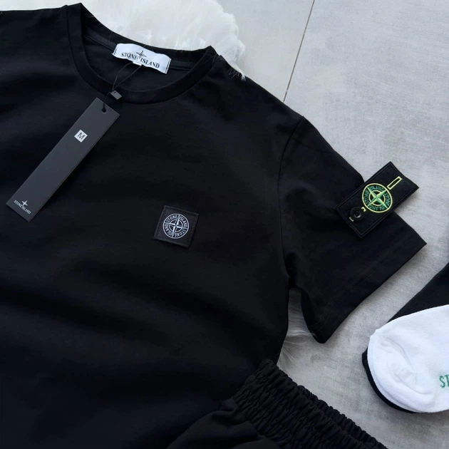 Костюм чоловічий літо шорти кепка футболка і 2 пари носків Stone Island L чорний - зображення 2