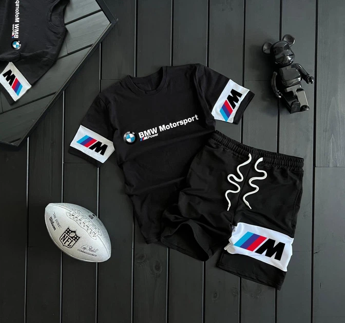 Костюм комплект чоловічий літо шорти футболка кепка бананка BMW M чорний - Фото 2 Костюм комплект чоловічий літо шорти футболка кепка бананка BMW M чорний - зображення 2