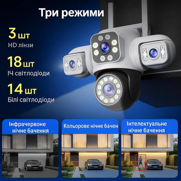 Вулична WiFi IPкамера Yoosee24-6K 12Мп біло-чорна 3 незалежних об'єктиви поворотні - зображення 7