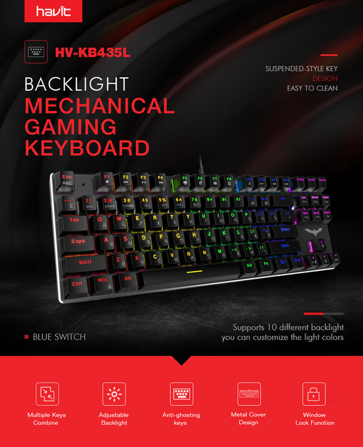 Клавиатура игровая механическая проводная USB с подсветкой 87 клавиш HAVIT HV-KB435L-LED Синие свитчи - изображение 13