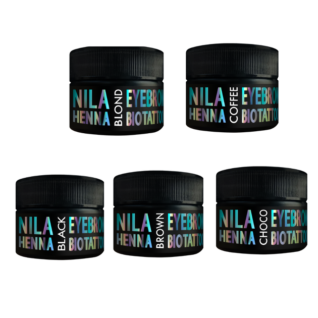 Набір хни для брів та біотату Nila 5 кольорів по 10г: Black, Coffee, Brown, Choko, Blond - Фото 1 Набір хни для брів та біотату Nila 5 кольорів по 10г: Black, Coffee, Brown, Choko, Blond - зображення 1