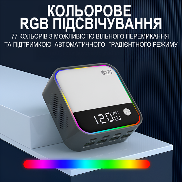 Многопортовая зарядка док-станция Addap CS-M8 с быстрой зарядкой на 8 портов, 4×Type-C PD + 4×USB-A QC, с цветной RGB подсветкой, GaN 120W - изображение 6