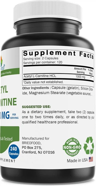 Добавка преміум-класу ацетил карнітин Brieofood Acetyl L-Carnitine 1000 mg 240 капсул - Фото 2 Добавка преміум-класу ацетил карнітин Brieofood Acetyl L-Carnitine 1000 mg 240 капсул - зображення 2