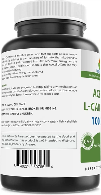 Добавка преміум-класу ацетил карнітин Brieofood Acetyl L-Carnitine 1000 mg 240 капсул - Фото 3 Добавка преміум-класу ацетил карнітин Brieofood Acetyl L-Carnitine 1000 mg 240 капсул - зображення 3