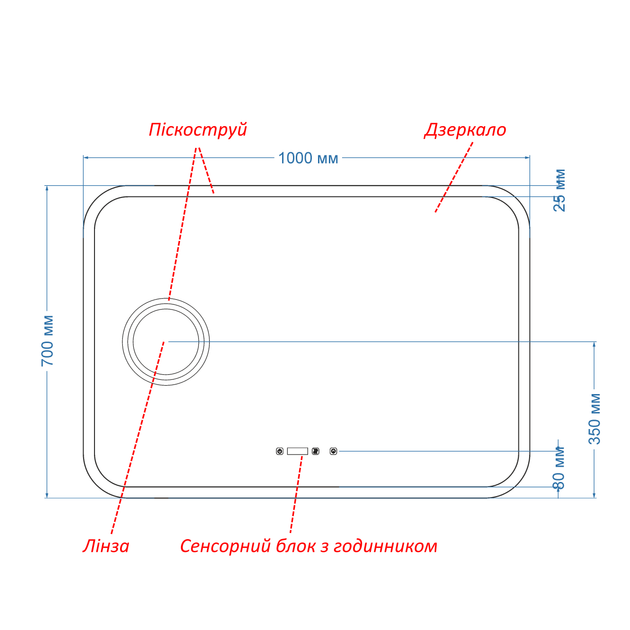 LED-зеркало 100x70см, с тремя сенсорами, часами, подогревом и линзой с подсветкой, модель Ahana (Ahanag141) - изображение 3