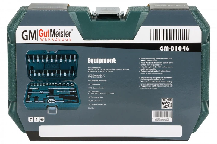 Набір інструментів GUT MEISTER 46 шт 1/4” з тріскачкою, бітами, головками, ключами (GM01046) - Фото 10 Набір інструментів GUT MEISTER 46 шт 1/4” з тріскачкою, бітами, головками, ключами (GM01046) - зображення 10