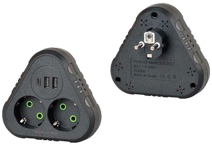 Мережевий розгалужувач Voltronic F203-Black трійник з заземленням 2 розетки + 2 USB + 1 Type-C, 2500W, 10A, 110-250V Max, Blister (YT38179) - Фото 3 Мережевий розгалужувач Voltronic F203-Black трійник з заземленням 2 розетки + 2 USB + 1 Type-C, 2500W, 10A, 110-250V Max, Blister (YT38179) - зображення 3