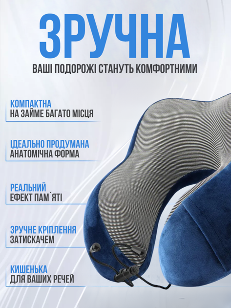 Дорожня подушка для шиї Blue ортопедична для подорожей подушки в літак машину авто в дорогу з ефектом пам'яті memory foam під шию туристичний набір анатомічна для відпочинку підтримки голови - Фото 2 Дорожня подушка для шиї Blue ортопедична для подорожей подушки в літак машину авто в дорогу з ефектом пам'яті memory foam під шию туристичний набір анатомічна для відпочинку підтримки голови - зображення 2