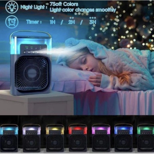 Портативний USB вентилятор з водяним охолодженням Air Cooler Fan 4в1 Нічник зволожувач з LED підсвічуванням, синій - зображення 3