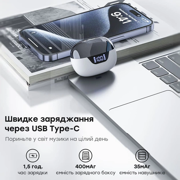 Бездротові навушники Choetech BH-T60 White TWS, Bluetooth 5.3, ANC+ENC, LED-дисплей - зображення 6