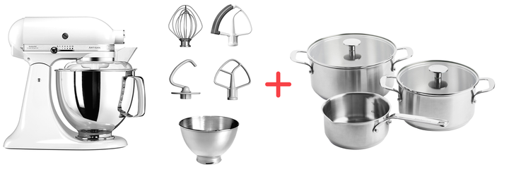 Планетарний міксер KitchenAid Artisan 5KSM175PSEWH з відкидним блоком білий + у подарунок Набір посуду KitchenAid Stainless Steel 5 предметів - зображення 1