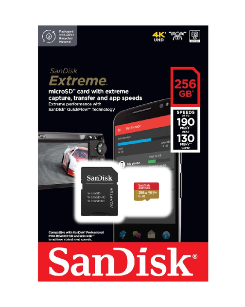 Карта пам'яті microSDXC (UHS-1 U3) SanDisk Extreme A2 256Gb class 10 V30 (R190MB/s,W130MB/s) (adapter SD) (SDSQXAV-256G-GN6MA) - изображение 2