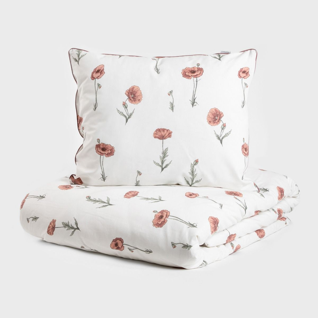 Комплект постільної білизни Homla Meadow Flowers односпальний Підковдра 140 x 200 см + 1 наволочка 50 x 60 см бавовняний у маки з червоним кантом (5906496724862) - зображення 1