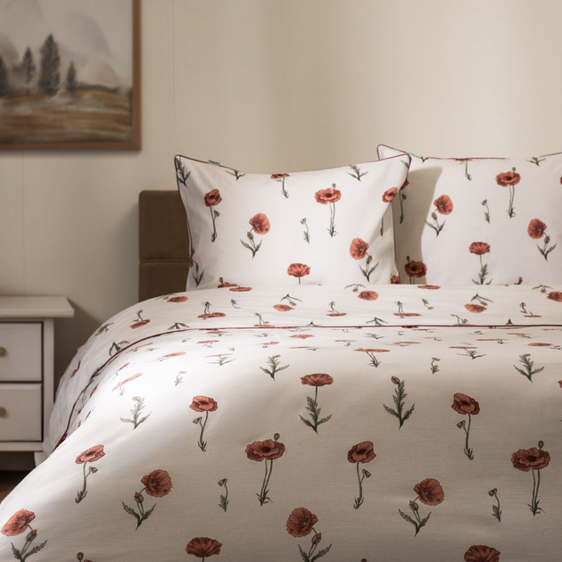 Комплект постільної білизни Homla Meadow Flowers King Size Підковдра 220 x 200 см + 2 наволочки 50 x 60 см бавовняний у маки з червоним кантом (5906496724855) - зображення 1